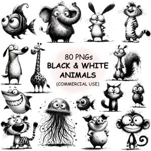 Bundle de 80 animaux insolites en noir et blanc Clipart PNG - Aquarelle drôle & mignon chien chat oiseau Sea Life animaux de safari Image à téléchargement numérique
