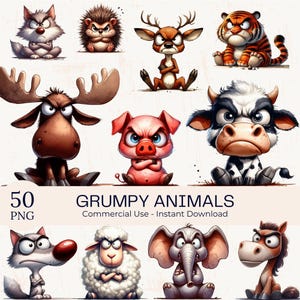 Könnte beinhalten: Cartoon-Illustrationen von grimmigen Tieren, darunter ein Wolf, ein Igel, ein Hirsch, ein Tiger, ein Elch, ein Schwein, eine Kuh, ein Schaf, ein Elefant und ein Pferd. Der Text "GRUMPY ANIMALS" ist darunter abgebildet.