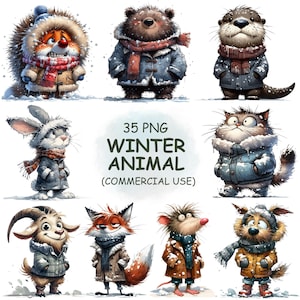 Paquete de 35 imágenes prediseñadas PNG de animales de invierno extravagantes para uso comercial: imágenes de animales divertidos de la temporada de frío para imprimir en acuarela: descarga digital