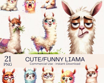 Funny Llama Alpaca Clipart Bundle: 21 Watercolor PNG Farm Animal Graphics (Digital Download)