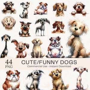 Clipart de perro gracioso de dibujos animados: paquete de 44 cachorros PNG de acuarela (descarga digital)