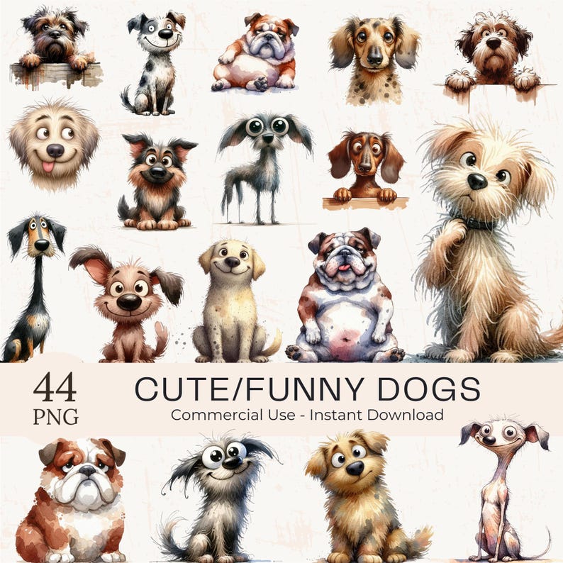 Cartoon Funny Dog Clipart – 44 Watercolor PNG Pet Puppies Bundle ...
