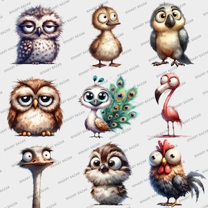 May include: Nine cartoon animal illustrations with large eyes. The animals include an owl, a duck, a parrot, a peacock, a flamingo, an ostrich, a chick, a rooster, and another owl. The illustrations are in a whimsical style with bright colors and detailed features.