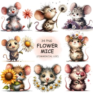 Cute Flower Mice Clipart PNG Bundle – 34 Funny & Whimsical Watercolor Mouse Illustration, Quirky Animal Art, Digital Download Commercial Use