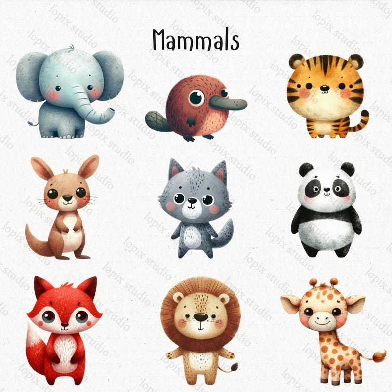 50 Kids Animals Clipart Bundle: Watercolor Nursery Kawaii Baby Animal ...