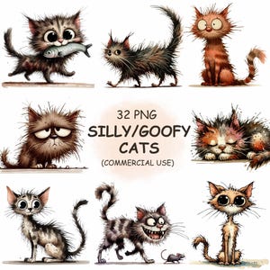 Lot de 32 cliparts PNG drôles de chats idiots - clipart aquarelle animaux drôles mignons, oeuvres d'art à imprimer | Téléchargement numérique | Utilisation commerciale
