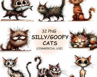 32 Watercolor Funny Cats Clipart PNG Bundle (Commercial Use) (Digital Download)