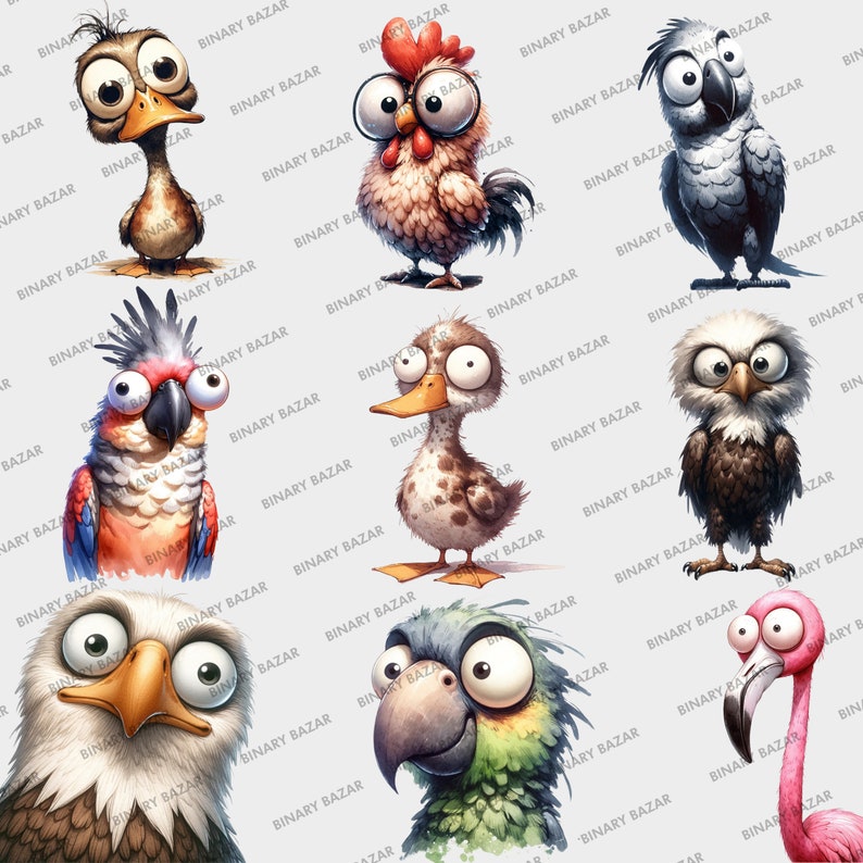 May include: A collection of nine cartoon animal illustrations. The animals include a duck, a rooster, a parrot, an eagle, a flamingo, and three more parrots. The animals are all drawn in a whimsical style with large eyes and expressive faces.