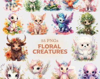 Cute Baby Mythical Creatures with Florals ClipArt PNG Bundle - 55 Watercolor Fantasy Unicorn, Dragons - Adorable Flower Animals PNG Clip Art