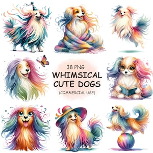 Cute Colorful Whimsical Dogs Clipart PNG Bundle – 38 Playful Watercolor Dog Illustrations, Transparent Sublimation Downloads, Commercial Use