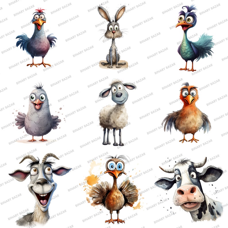 May include: A digital illustration of nine different animals, including a chicken, rabbit, sheep, bird, rooster, goat, turkey, and cow. The animals are all cartoon-like and have expressive faces. The background is white with watercolor-like splatters.