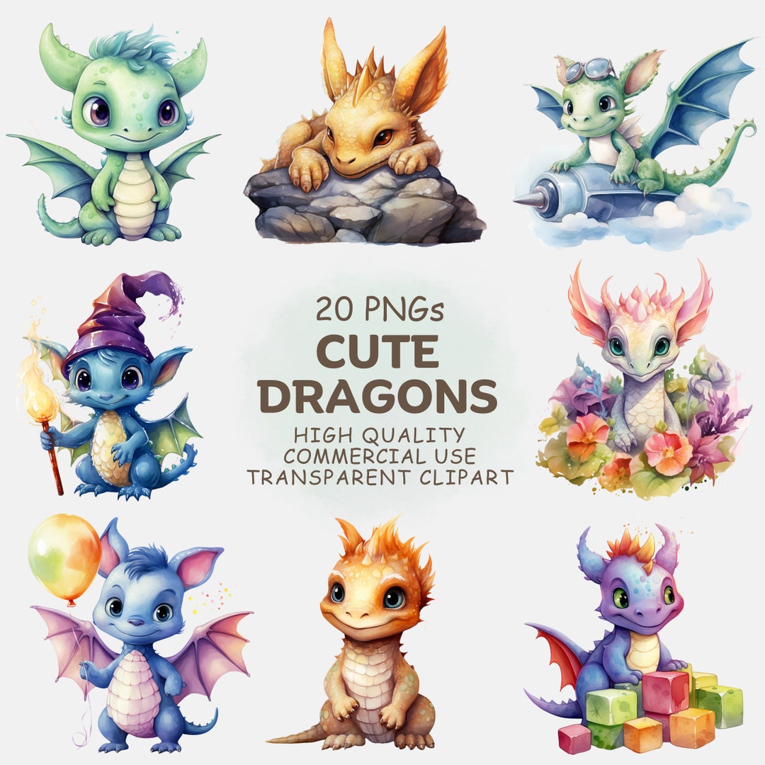 Watercolor Baby Dragon Clipart: Kawaii Fantasy PNG Bundle (digital ...