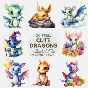 Niedliche Baby Drachen und Dinosaurier ClipArt PNG Bundle - 20 Aquarell Kawaii Fabelwesen Fantasy Kreatur ClipArt - druckbarer digitaler Download