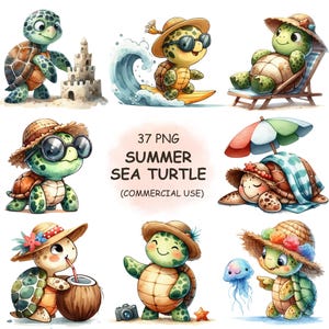 Süße Sommer Meeresschildkröte Clipart PNG Bundle - 37 Lustige Aquarell Urlaub Strand Meeresschildkröten, entzückende Meerestiere, digitaler Download