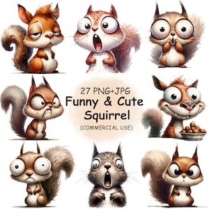 Carino, eccentrico e divertente scoiattolo Clipart PNG Bundle - 27 Acquerello carino Wood Life Animal Scoiattolo Clip Art / Download stampabile / Uso commerciale