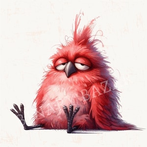 May include: A whimsical illustration of a red bird with a sleepy expression. The bird has a fluffy, textured appearance with a light pink chest and a dark beak. Its feet are black, and it appears to be sitting down, with its eyes half-closed.