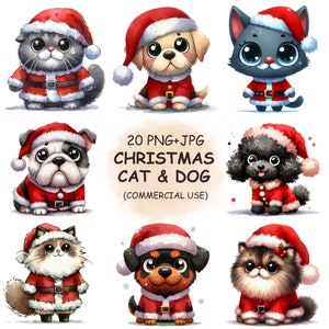 Cute Christmas Cat & Dog PNG Clipart – 20 Festive Animal Illustrations, Digital Download, Transparent Background, Commercial Use