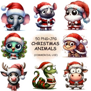 Clipart di simpatici animali natalizi - Pacchetto di 50 clipart PNG di animali natalizi / Design a sublimazione / Creazione di biglietti / Download digitale / Uso commerciale