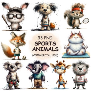 33 Funny Sports Animals Clipart PNG Bundle - Watercolor Cute Quirky Animals Athlete Clip Art - Printable Sublimation Digital Download Image
