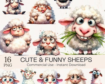 Quirky Funny Sheep Clipart – Watercolor Cartoon Farm Animals PNG Bundle, Commercial Use (Digital Download)