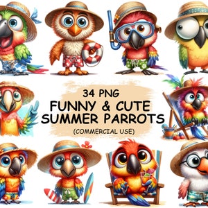 Cute Funny Parrots Summer Clipart PNG & JPG – 34 Watercolor Holiday Bird Illustrations, Tropical Beach Printable Art, Commercial Use