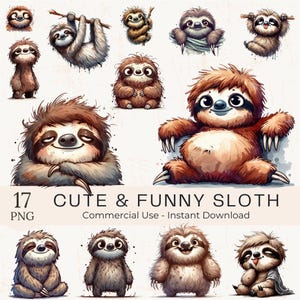 Può includere: Una collezione di 17 illustrazioni di simpatici e divertenti bradipi in varie pose. I bradipi sono raffigurati in tonalità marroni e beige, con occhi espressivi ed espressioni giocose. Il testo recita "Cute & Funny Sloth".