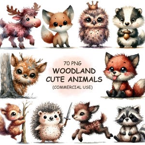 70 mignons animaux de la forêt Clipart PNG Bundle - aquarelle bébé Boho vintage Safari jungle animaux printemps numérique Clip art - usage commercial