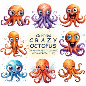 Funny Cute & Crazy Octopus Clipart PNG and JPG Bundle - 26 Watercolor Ocean Sea Life Animals Clip Art | Instant Download | Commercial Use