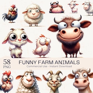 May include: A collection of cartoon farm animals, including a rooster, sheep, goat, cow, and chicken, with exaggerated features and expressions. The text "FUNNY FARM ANIMALS" is displayed below the images, along with "58 PNG" and "Commercial Use - Instant Download."