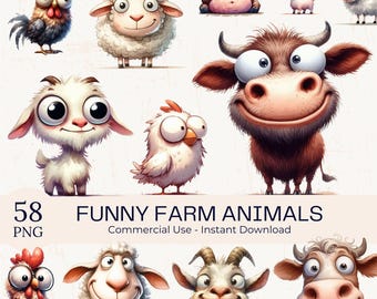 58 Funny Farm Animals Clipart: Watercolor Quirky Cow, Goat, Sheep, Chicken PNG Bundle (Digital Download)