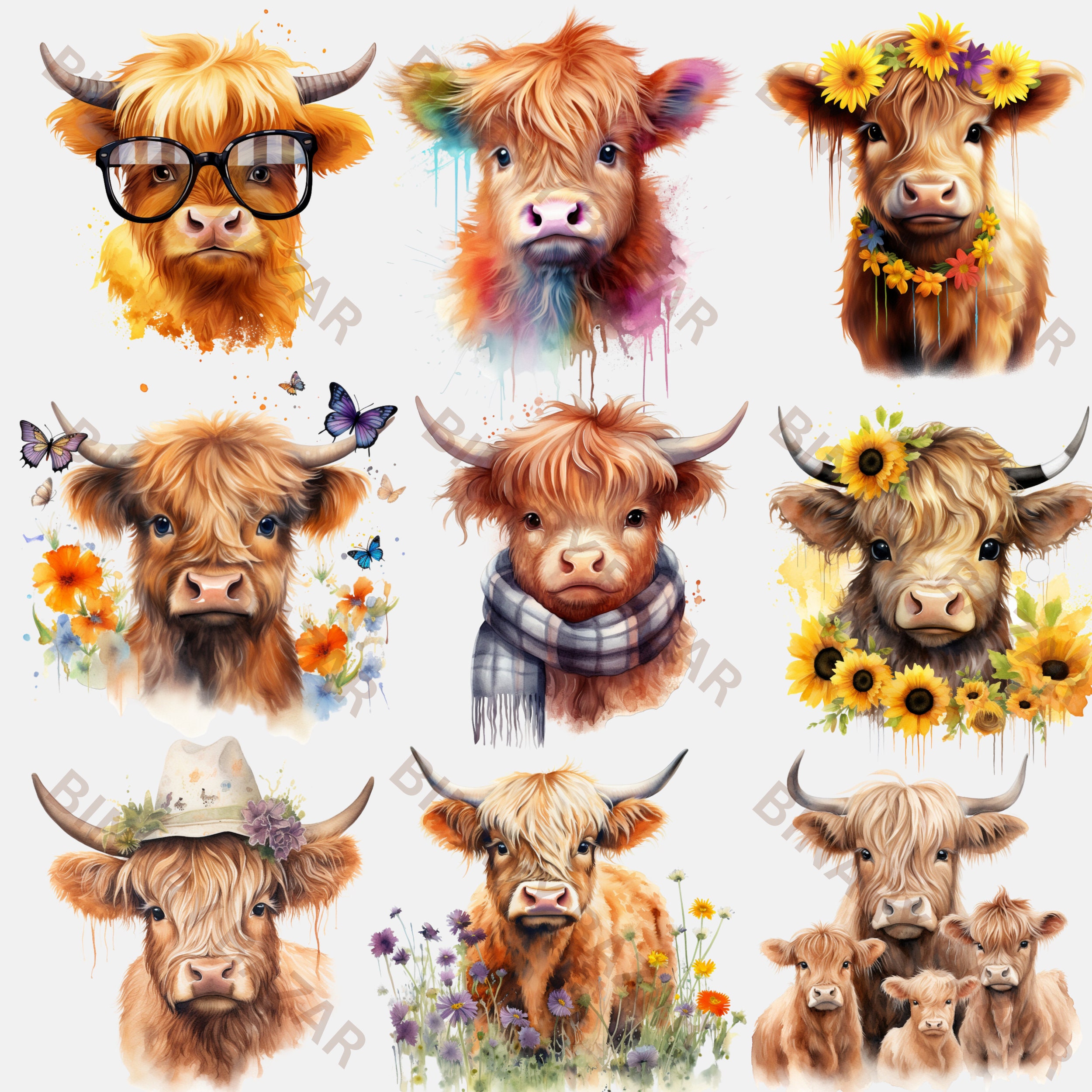 30 Watercolor Highland Cow Clipart PNG Bundle: Floral Rustic Farmhouse ...