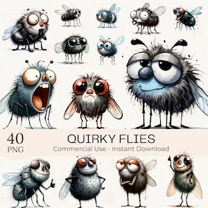 40 Quirky Fly Clipart: Watercolor Funny Insects PNG Bundle (Digital Download)