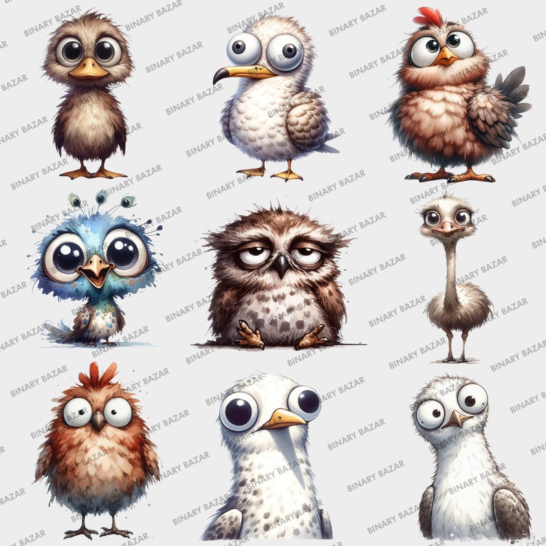 May include: A set of eight cartoon animal illustrations featuring a variety of birds, an owl, and an ostrich. The animals are all depicted in a whimsical style with large eyes and expressive faces. The illustrations are done in a watercolor style with soft, muted colors.