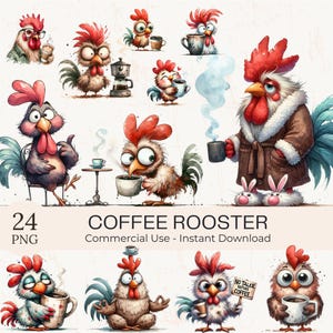 Aquarell Hahn Kaffee Clipart: Lustig PNG Bündel (Digitaler Download)