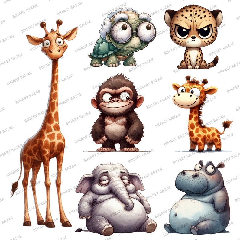 May include: A collection of cartoon animal illustrations, including a giraffe, turtle, monkey, cheetah, and hippo. The giraffe has a long neck and spotted pattern. The animals are drawn in a cute, whimsical style, with exaggerated features and expressions.