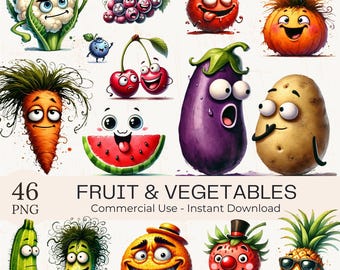 Imágenes prediseñadas divertidas de frutas y verduras en acuarela: 46 imágenes PNG (descarga digital)