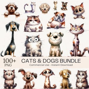 Paquete de imágenes prediseñadas de gatos y perros en acuarela: más de 100 imágenes PNG de animales divertidos (descarga digital)
