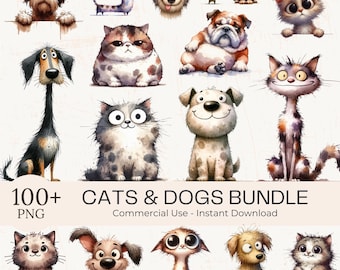 Watercolor Cat & Dog Clipart Bundle: 100+ Funny Animal PNGs (Digital Download)