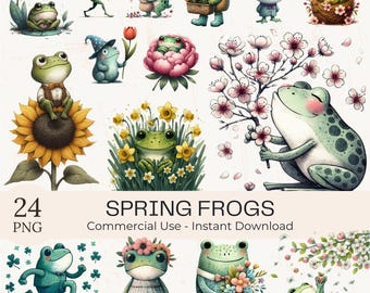 Spring Frog Clipart PNG Bundle: Watercolor Floral Garden Animals (Digital Download)