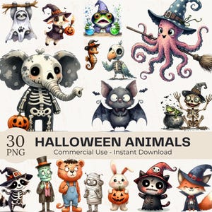 Cute Halloween Animals Clipart PNG Bundle, 30 Funny Animals in Spooky Costumes Printable Sublimation Art | Digital Download Commercial Use