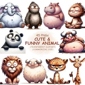 Lindo y divertido Safari Animals Clipart PNG Bundle - 45 Acuarela Wildlife Clip Art / Imágenes transparentes / Descarga digital / Uso comercial