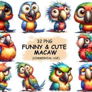 Pacote de clipart de papagaio de arara fofo e engraçado PNG e JPG - 32 pássaros adoráveis em aquarela, animais para impressão, clipart transparente | Uso comercial