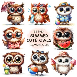 Niedliche Sommer Eulen Clipart PNG Bundle - 34 lustige Aquarell Hot Season Strand Vögel, entzückende Tiere, digitaler Download für Handwerk & mehr