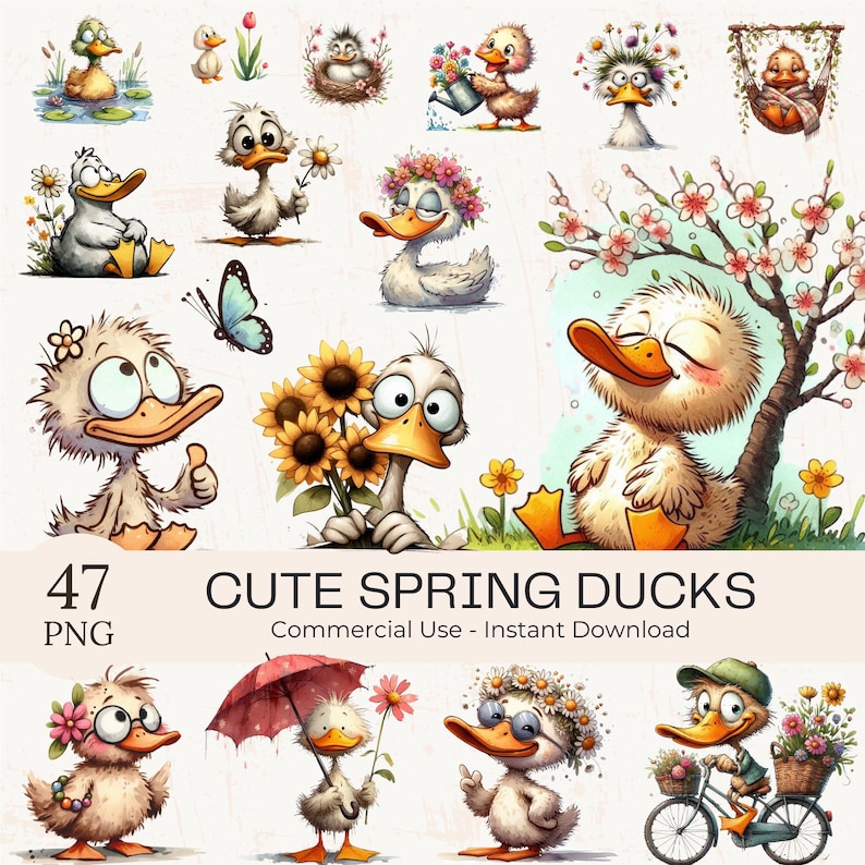 Cute Funny Spring Duck Clipart PNG Bundle – 46 Quirky Watercolor Ducks with Floral Accents, Digital Download, Commercial Use Included