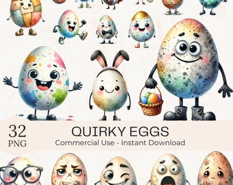 Eigenzinnige paaseieren Clipart PNG-bundel - 32 aquarel grappige stripfiguur kunst (commercieel gebruik)