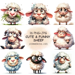 Bundle de 16 cliparts PNG mignons moutons drôles - aquarelle humour original dessin animé ferme clipart - téléchargement numérique - usage commercial