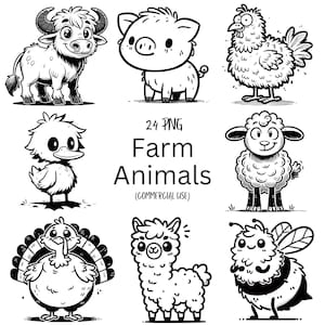 24 Black and White Farm Animals Clipart PNG Bundle - Transparent Animal Line Art Doodles images | Digital Download Graphics | Commercial Use