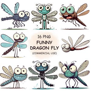 16 eigenzinnige Dragon Fly Clipart PNG-bundel - grappige komische insecten illustraties, afdrukbare transparante kunst | Digitale download | Commercieel gebruik