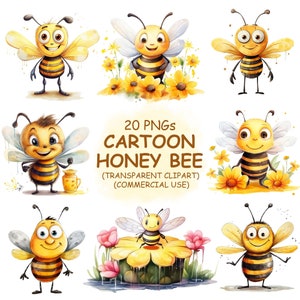Divertido y lindo dibujos animados abeja miel clipart PNG paquete- 20 acuarela abeja insectos clip art / arte imprimible / descarga digital / uso comercial