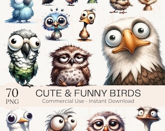 70 Funny Birds Clipart PNG Bundle: Watercolor Quirky Animal Art (Digital Download, Commercial Use)